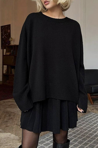 Patchwork Pleated O Neck Long Sleeve Two Pieces
