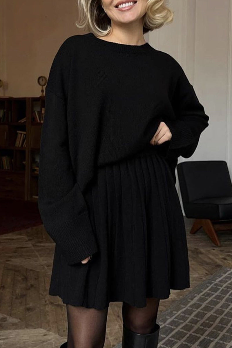 Patchwork Pleated O Neck Long Sleeve Two Pieces