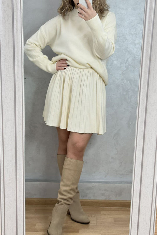 Patchwork Pleated O Neck Long Sleeve Two Pieces