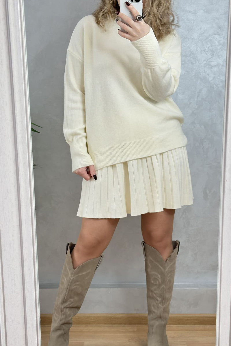 Patchwork Pleated O Neck Long Sleeve Two Pieces