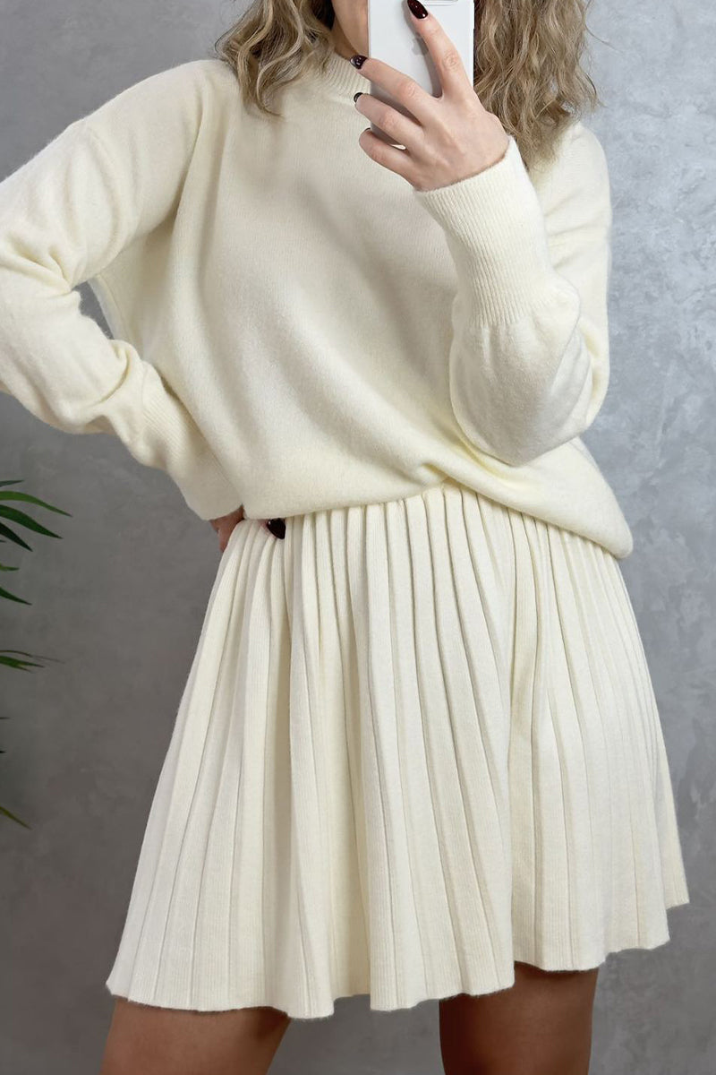 Patchwork Pleated O Neck Long Sleeve Two Pieces