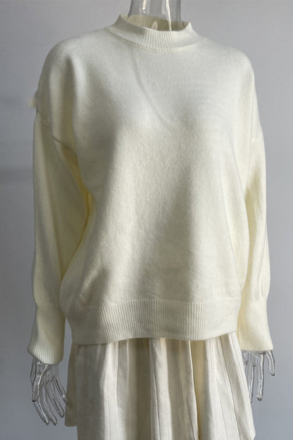 Patchwork Pleated O Neck Long Sleeve Two Pieces
