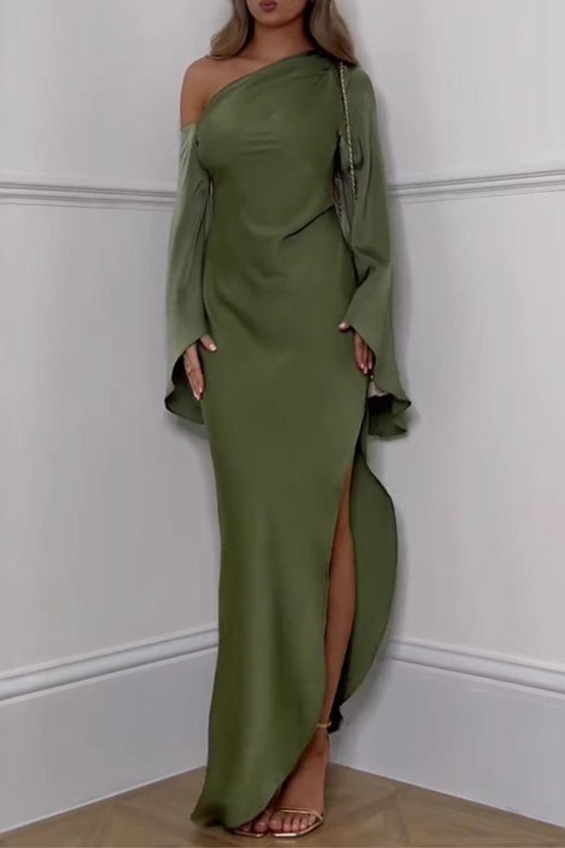 Slit Irregular Sloping Shoulder Long Dresses