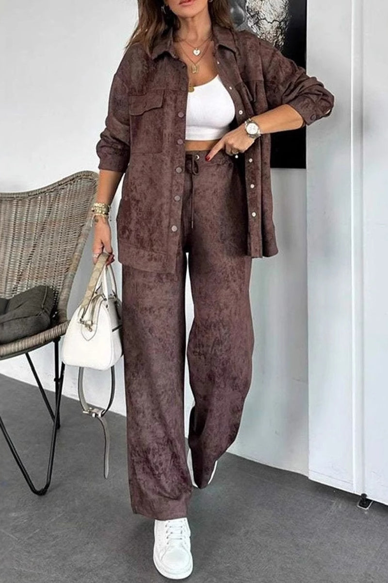 Street Tie Dye Distressed Pocket Turndown Collar Long Sleeve Two Pieces