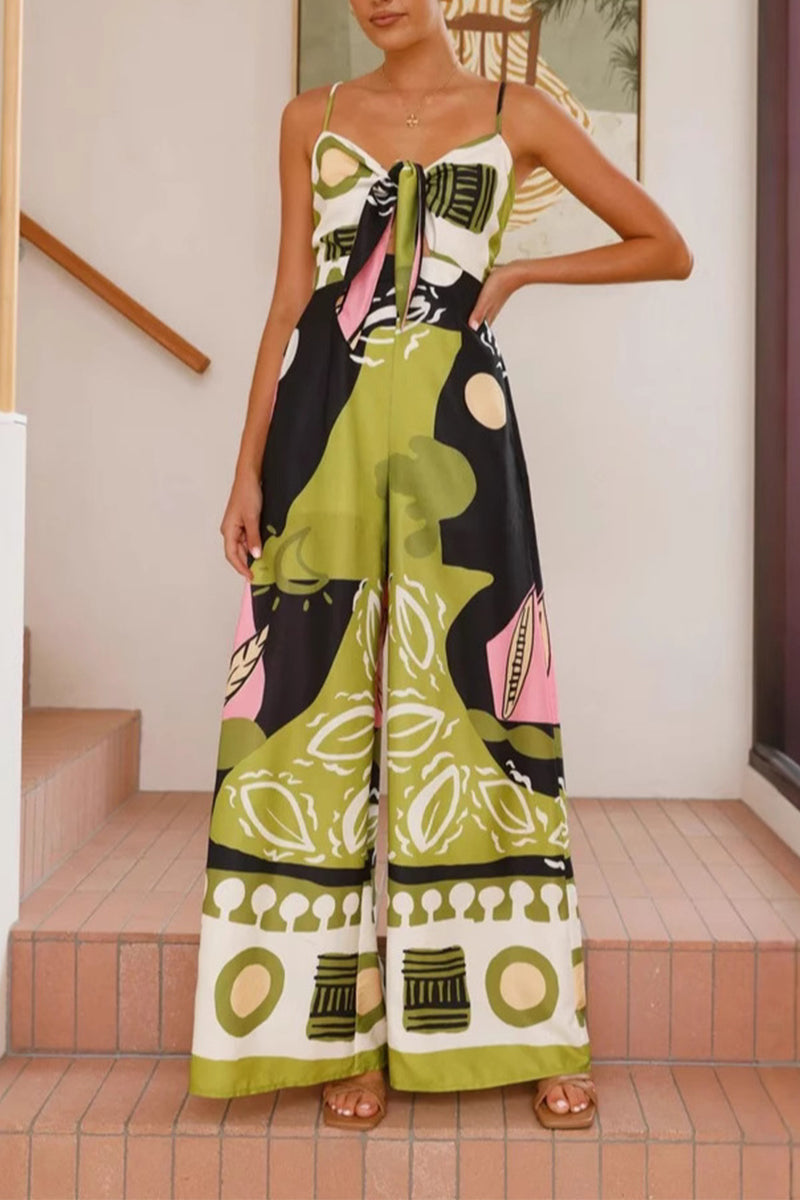 Vacation Print Pocket Lace Up V Neck Loose Jumpsuits