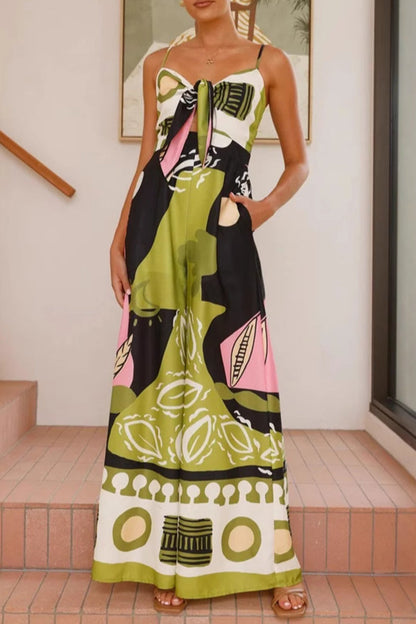 Vacation Print Pocket Lace Up V Neck Loose Jumpsuits