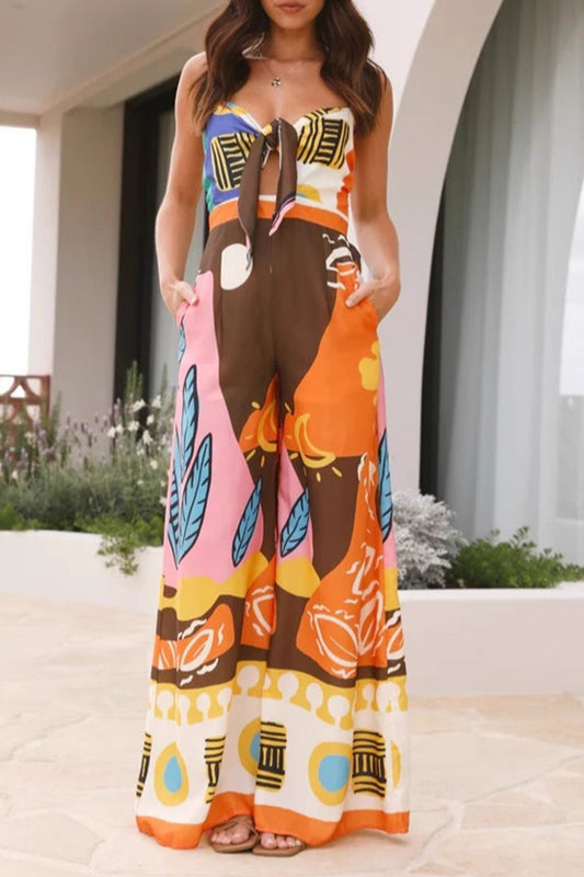 Vacation Geometric Print Pocket Contrast V Neck Loose Jumpsuits