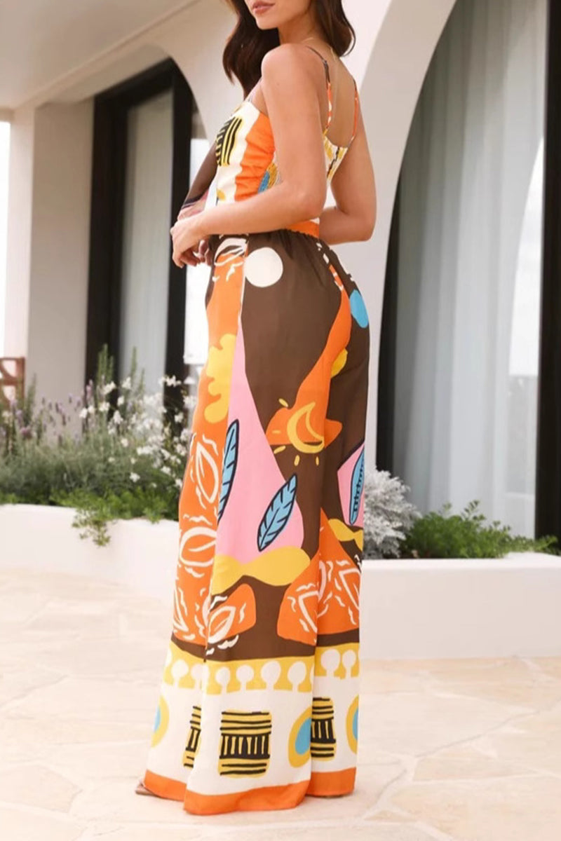 Vacation Geometric Print Pocket Contrast V Neck Loose Jumpsuits