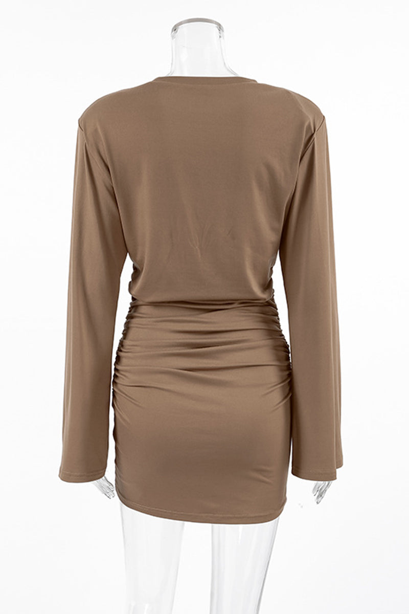 Street Lace Up Ruched O Neck Wrapped Skirt Dresses