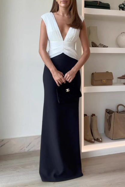Backless Ruched Contrast V Neck Long Dresses