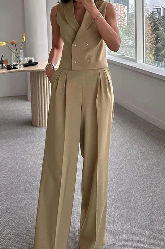 Pocket Ruched Turn-back Collar Sleeveless Two Pieces