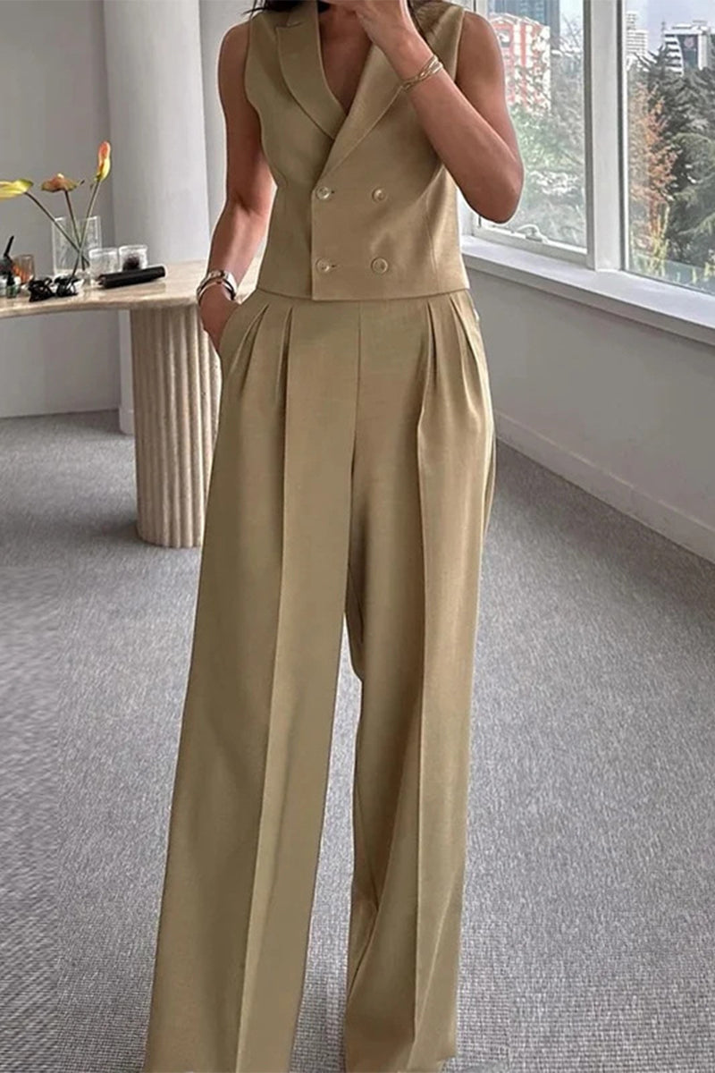 Pocket Ruched Turn-back Collar Sleeveless Two Pieces