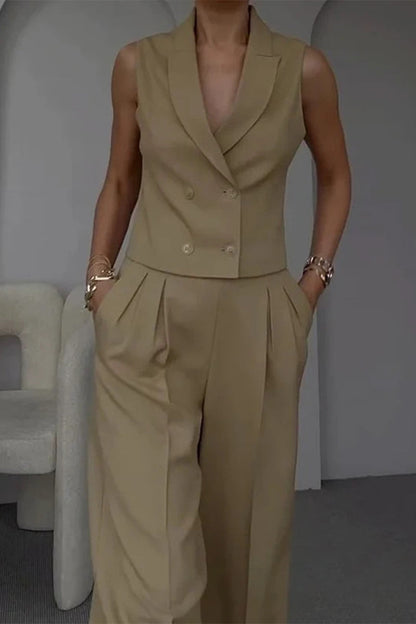 Pocket Ruched Turn-back Collar Sleeveless Two Pieces