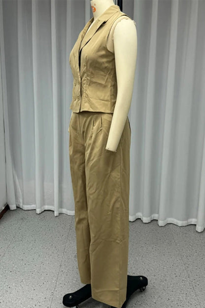 Pocket Ruched Turn-back Collar Sleeveless Two Pieces