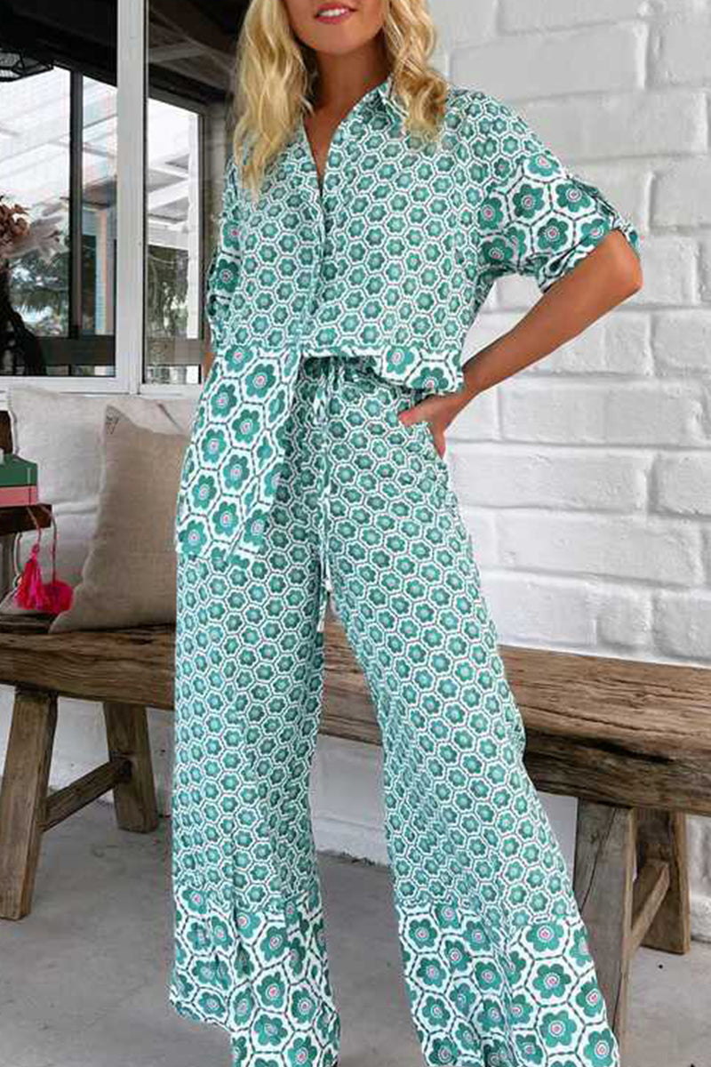 Vacation Geometric Print Contrast Turndown Collar Short Sleeve Two Pieces
