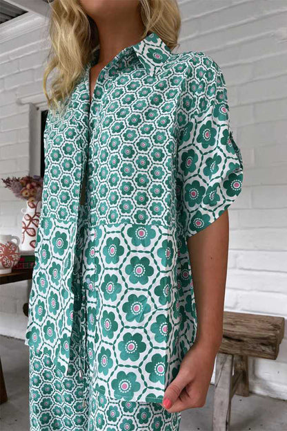 Vacation Geometric Print Contrast Turndown Collar Short Sleeve Two Pieces