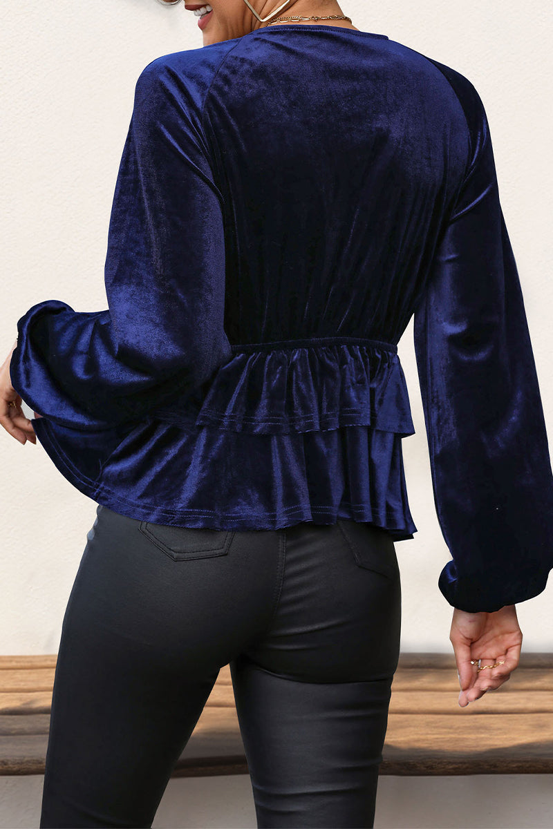 Ruched Velvet V Neck Blouses