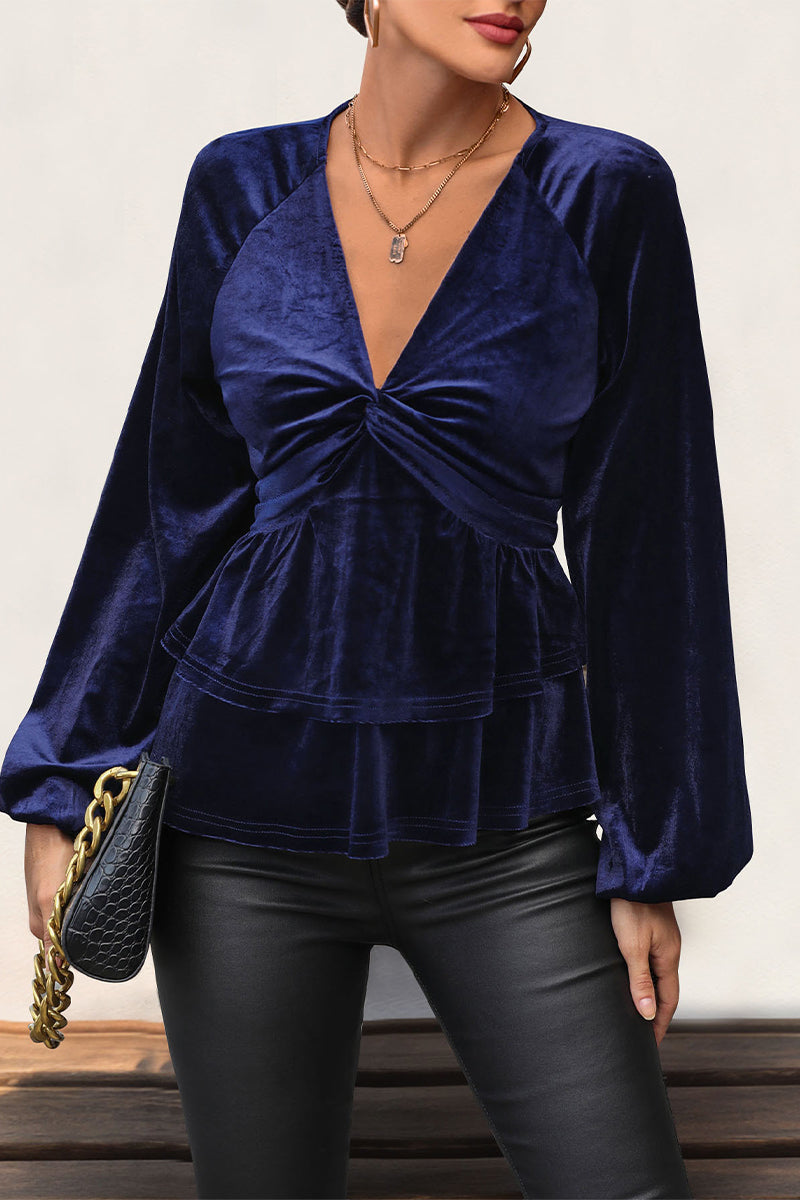 Ruched Velvet V Neck Blouses