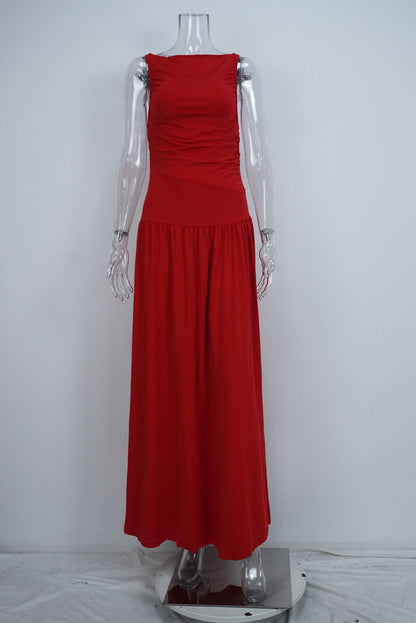 Ruched O Neck Long Dresses
