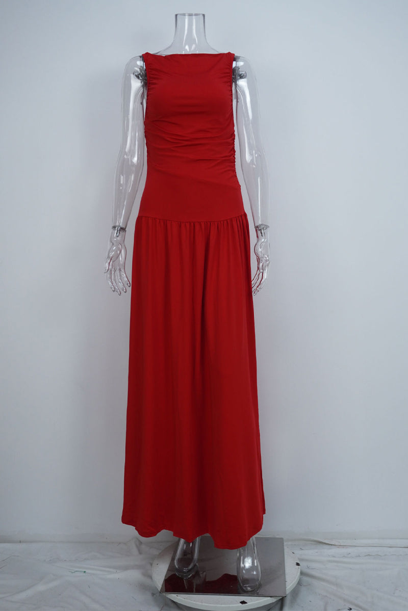 Ruched O Neck Long Dresses