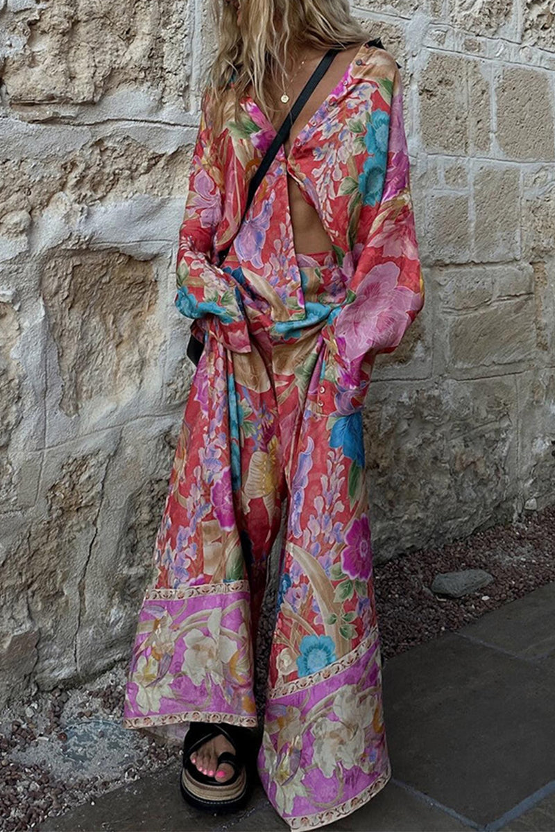Print Pocket Contrast Turndown Collar Long Sleeve Two Pieces
