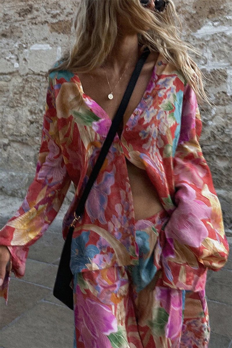 Print Pocket Contrast Turndown Collar Long Sleeve Two Pieces