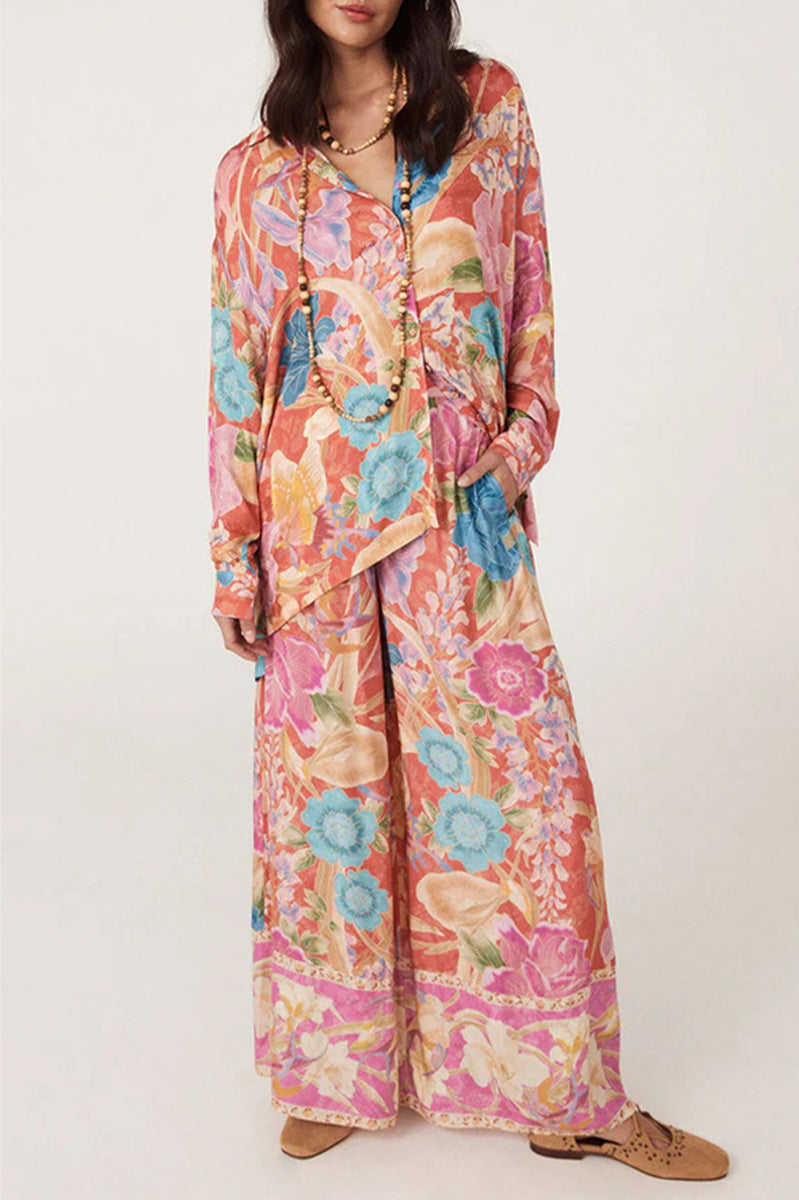 Print Pocket Contrast Turndown Collar Long Sleeve Two Pieces