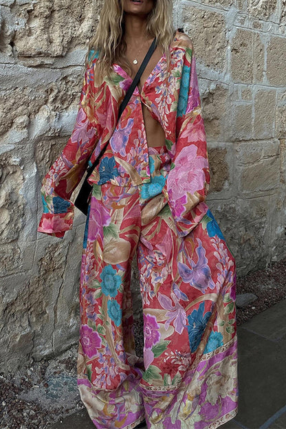 Print Pocket Contrast Turndown Collar Long Sleeve Two Pieces