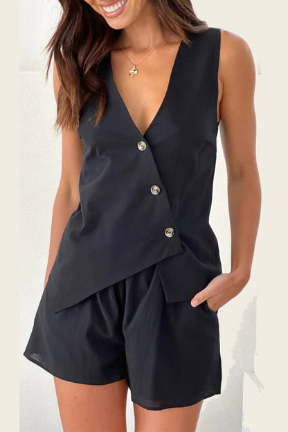 Daily Buttons Irregular V Neck Sleeveless Two Pieces