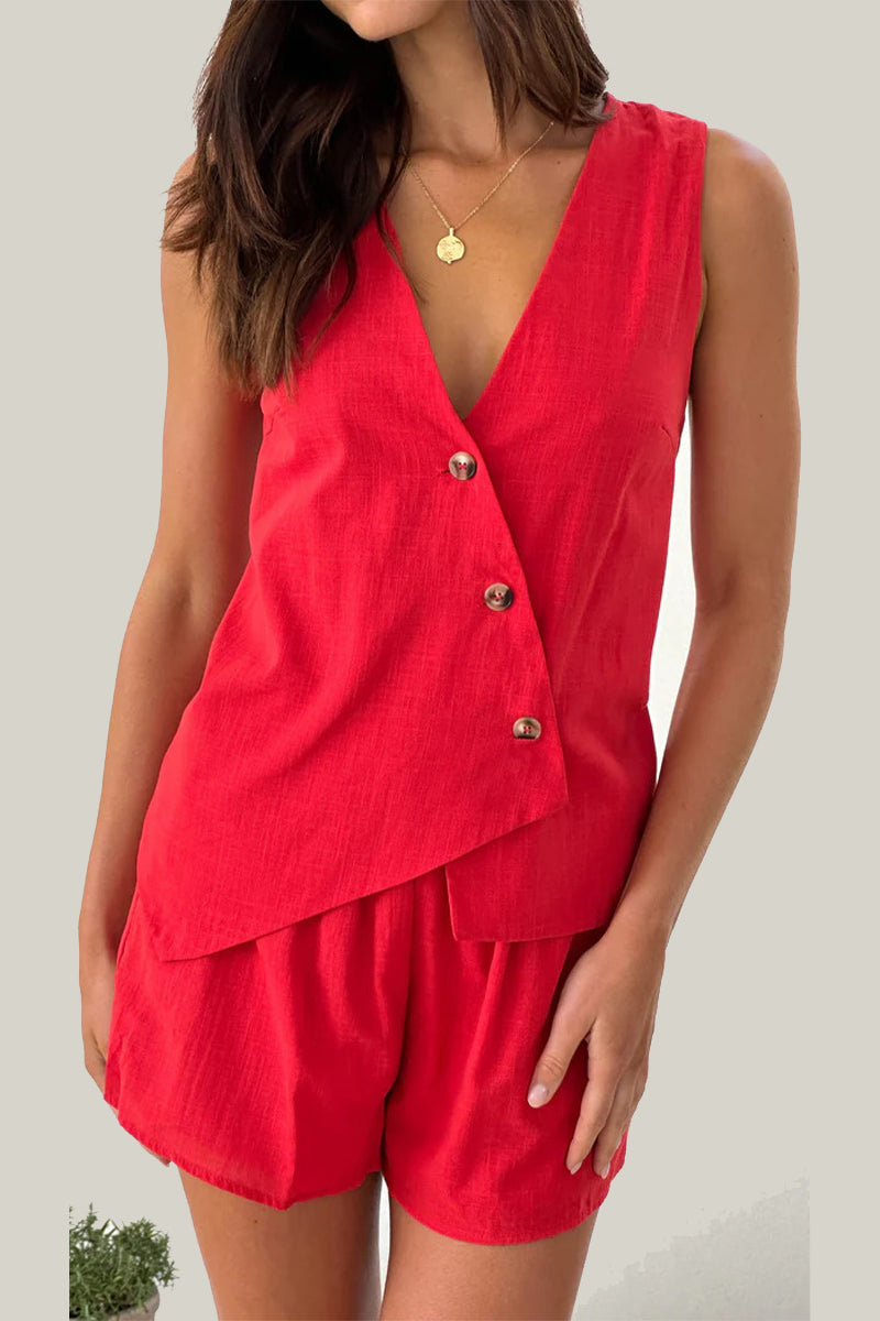 Daily Buttons Irregular V Neck Sleeveless Two Pieces