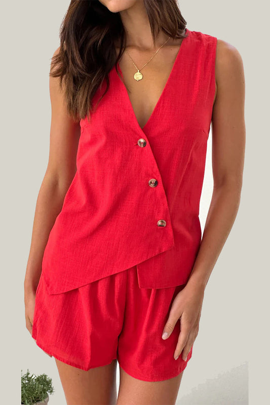 Daily Buttons Irregular V Neck Sleeveless Two Pieces