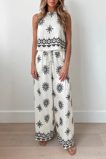Geometric Print Lace Up O Neck Sleeveless Two Pieces