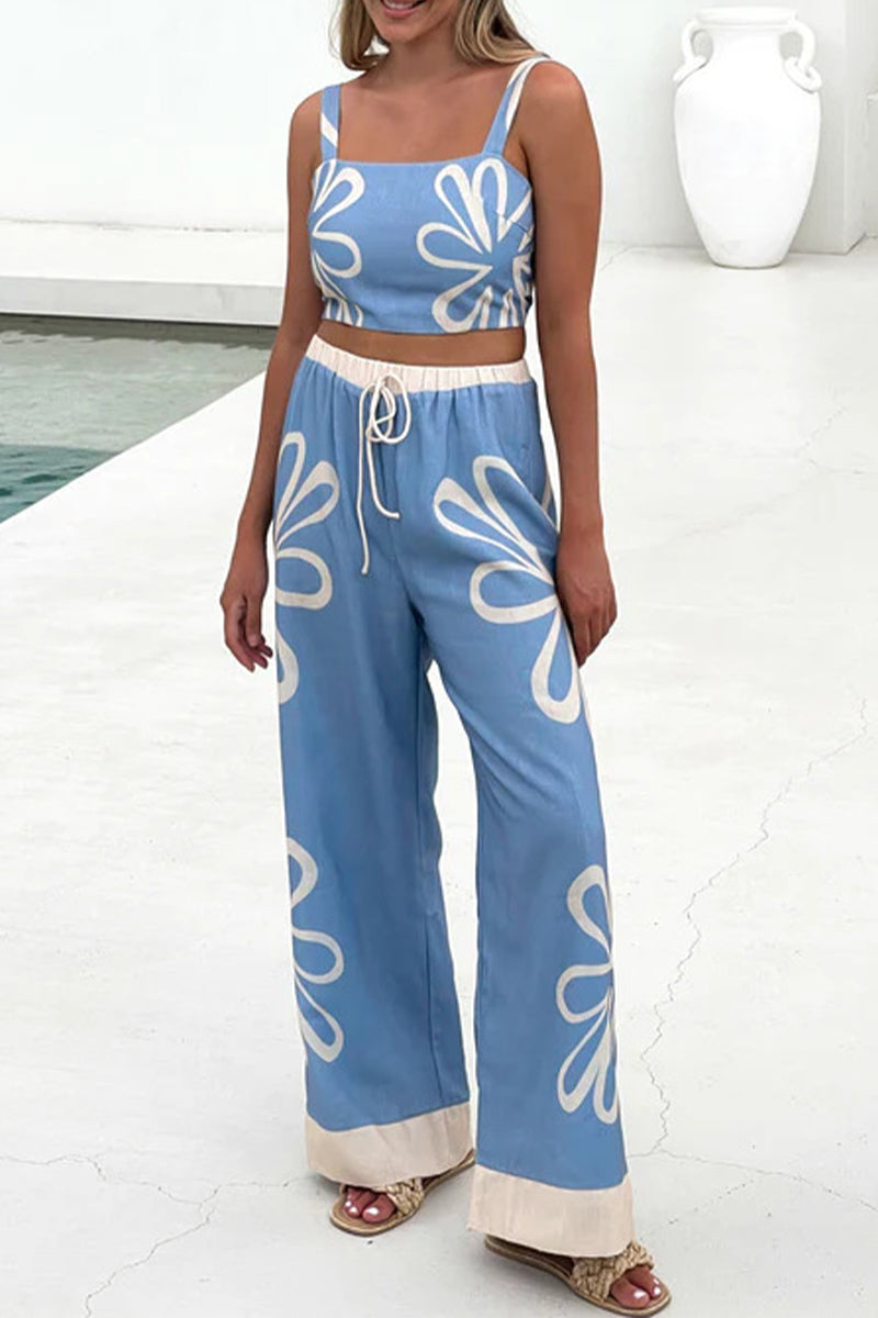 Vacation Flowers Lace Up Contrast Square Neck Sleeveless Two Pieces