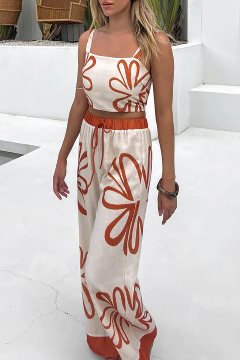 Vacation Flowers Lace Up Contrast Square Neck Sleeveless Two Pieces
