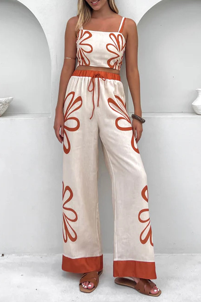 Vacation Flowers Lace Up Contrast Square Neck Sleeveless Two Pieces
