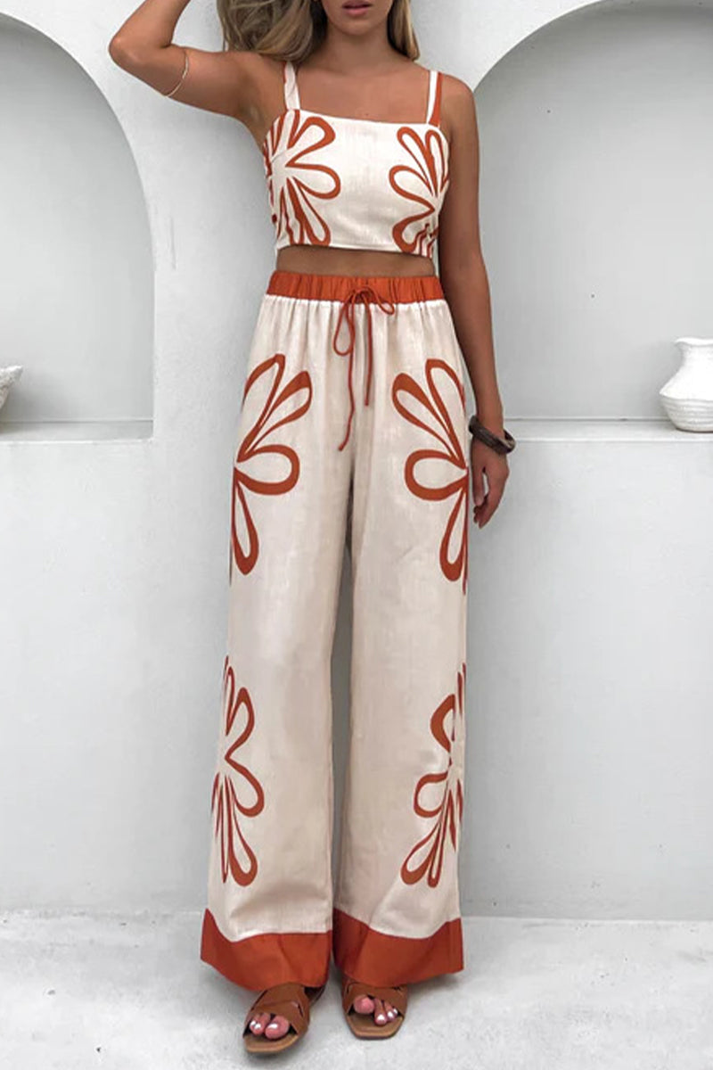 Vacation Flowers Lace Up Contrast Square Neck Sleeveless Two Pieces