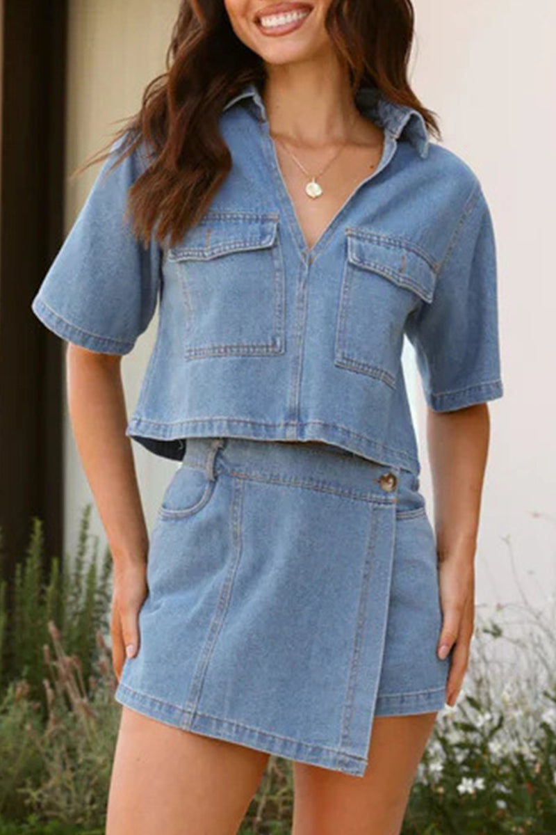 Street Pocket Irregular V Neck Short Sleeve Two Pieces