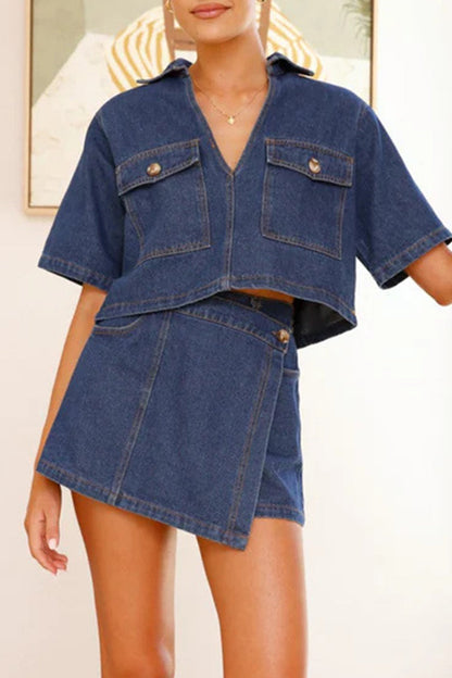 Street Pocket Irregular V Neck Short Sleeve Two Pieces