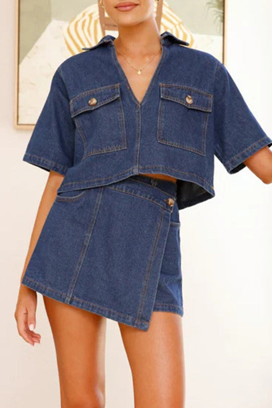 Street Pocket Irregular V Neck Short Sleeve Two Pieces