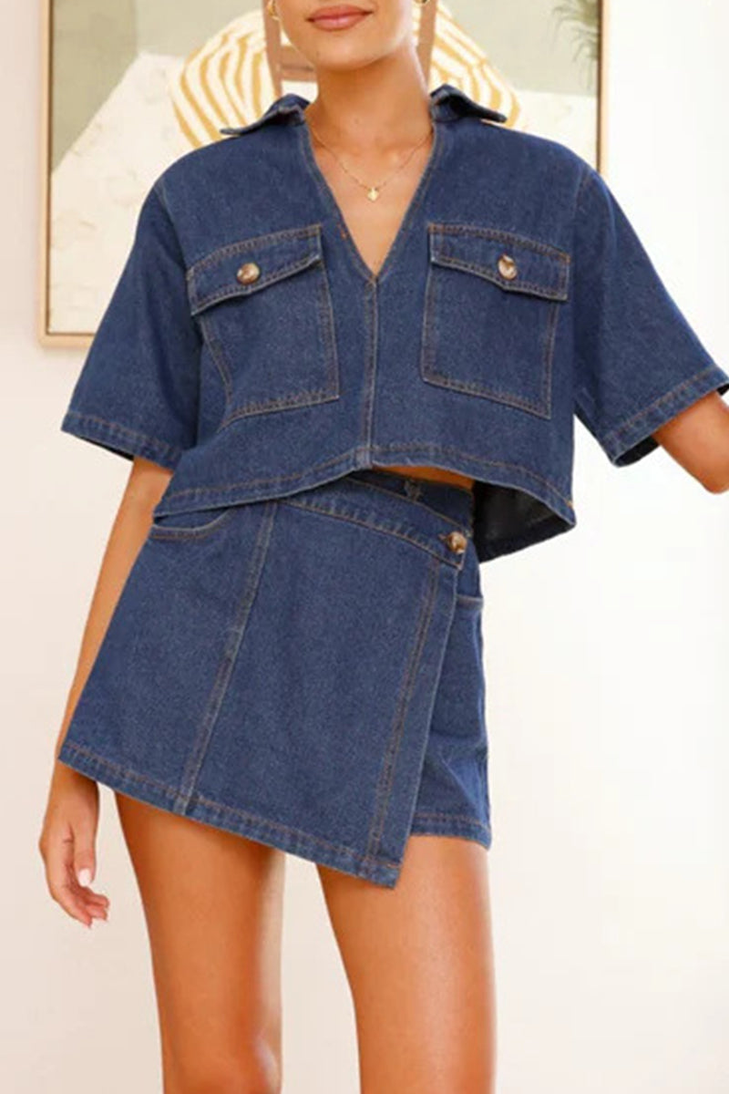 Street Pocket Irregular V Neck Short Sleeve Two Pieces