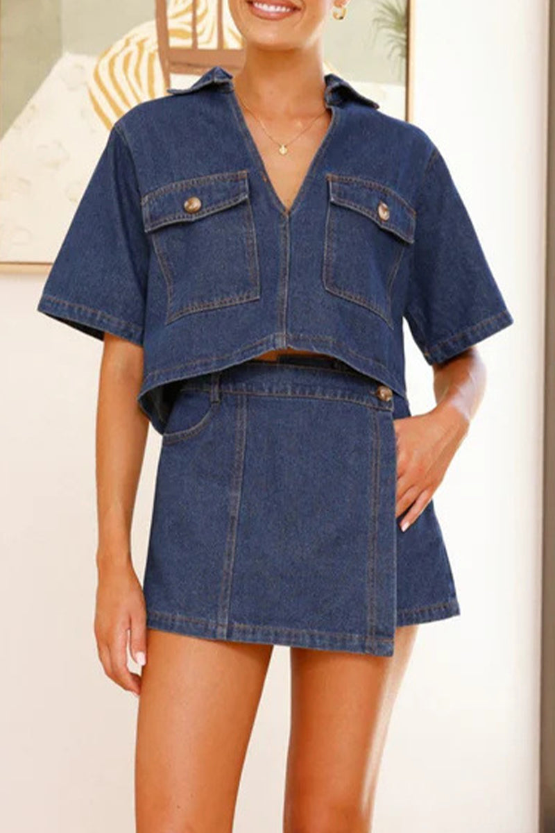 Street Pocket Irregular V Neck Short Sleeve Two Pieces