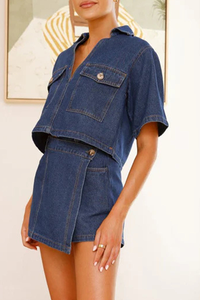 Street Pocket Irregular V Neck Short Sleeve Two Pieces