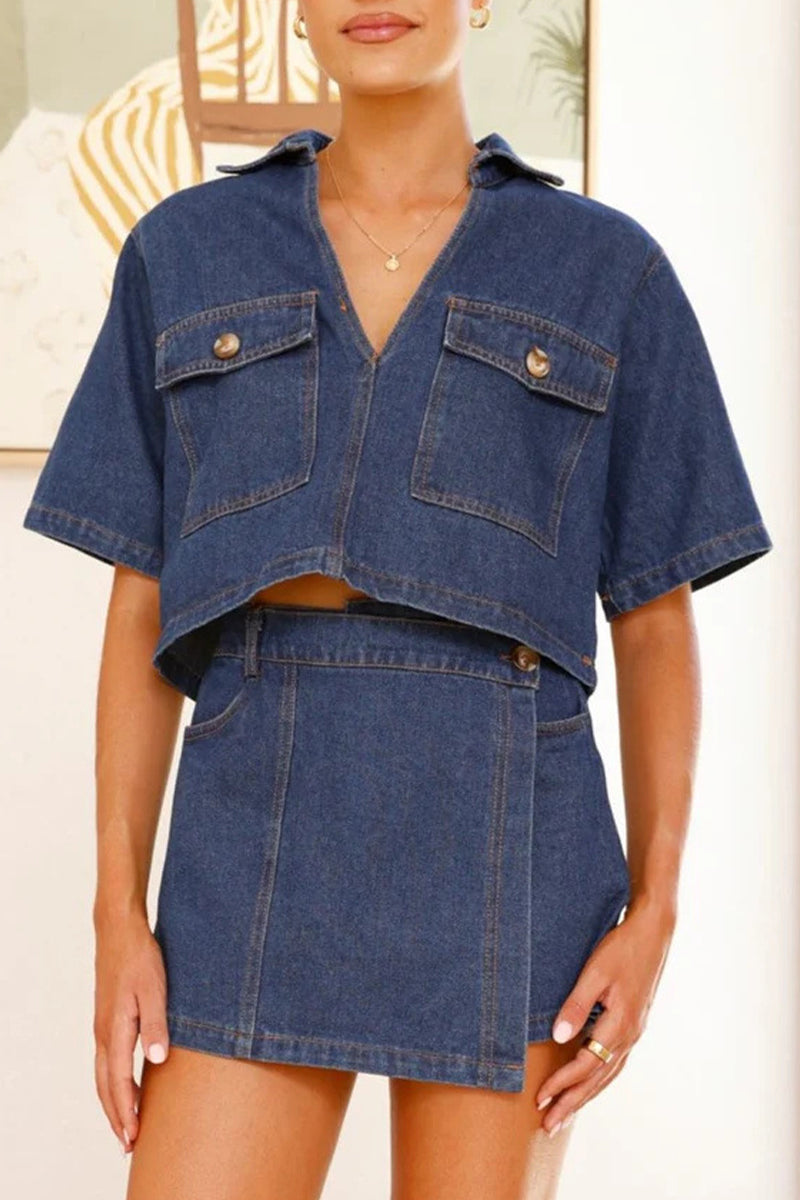 Street Pocket Irregular V Neck Short Sleeve Two Pieces