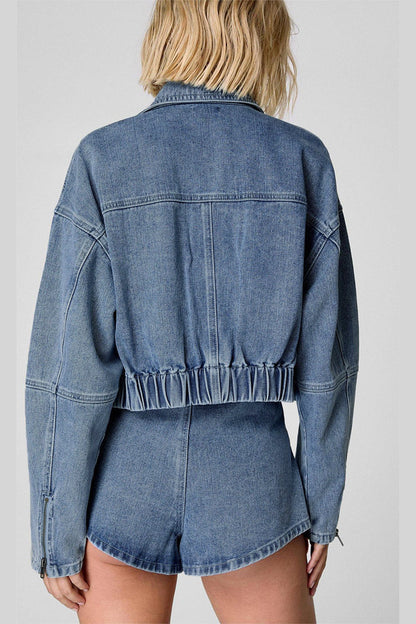 Color Pocket Zipper Turndown Collar Long Sleeve Two Pieces