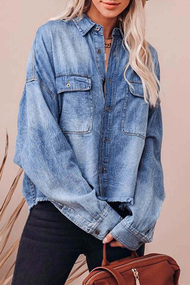 Daily Gradient Color Pocket Contrast Turndown Collar Blouses