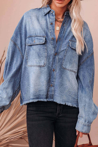Daily Gradient Color Pocket Contrast Turndown Collar Blouses