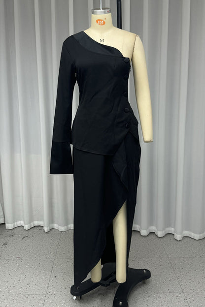 Buttons Slit Irregular Sloping Shoulder Long Sleeve Two Pieces