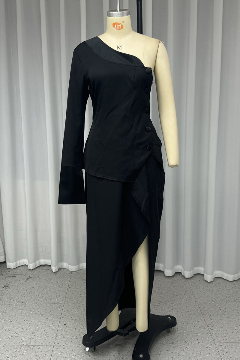 Buttons Slit Irregular Sloping Shoulder Long Sleeve Two Pieces