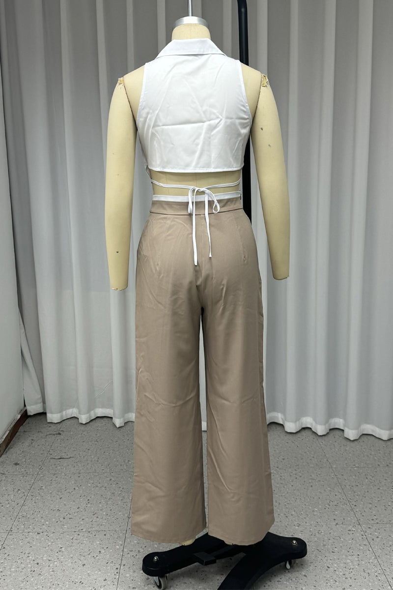 Lace Up Buttons Turndown Collar Sleeveless Two Pieces