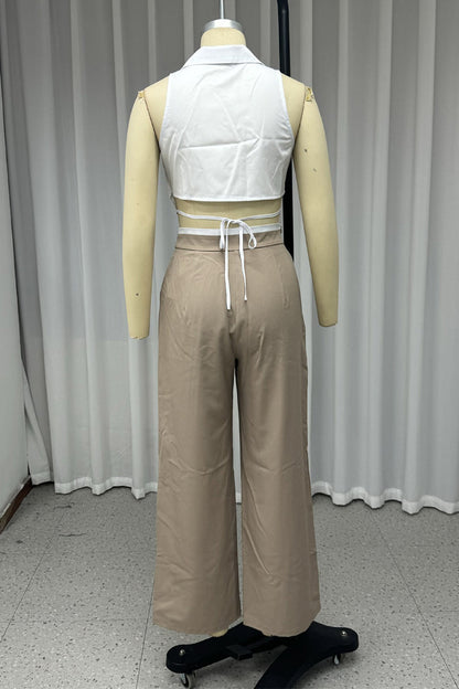 Lace Up Buttons Turndown Collar Sleeveless Two Pieces